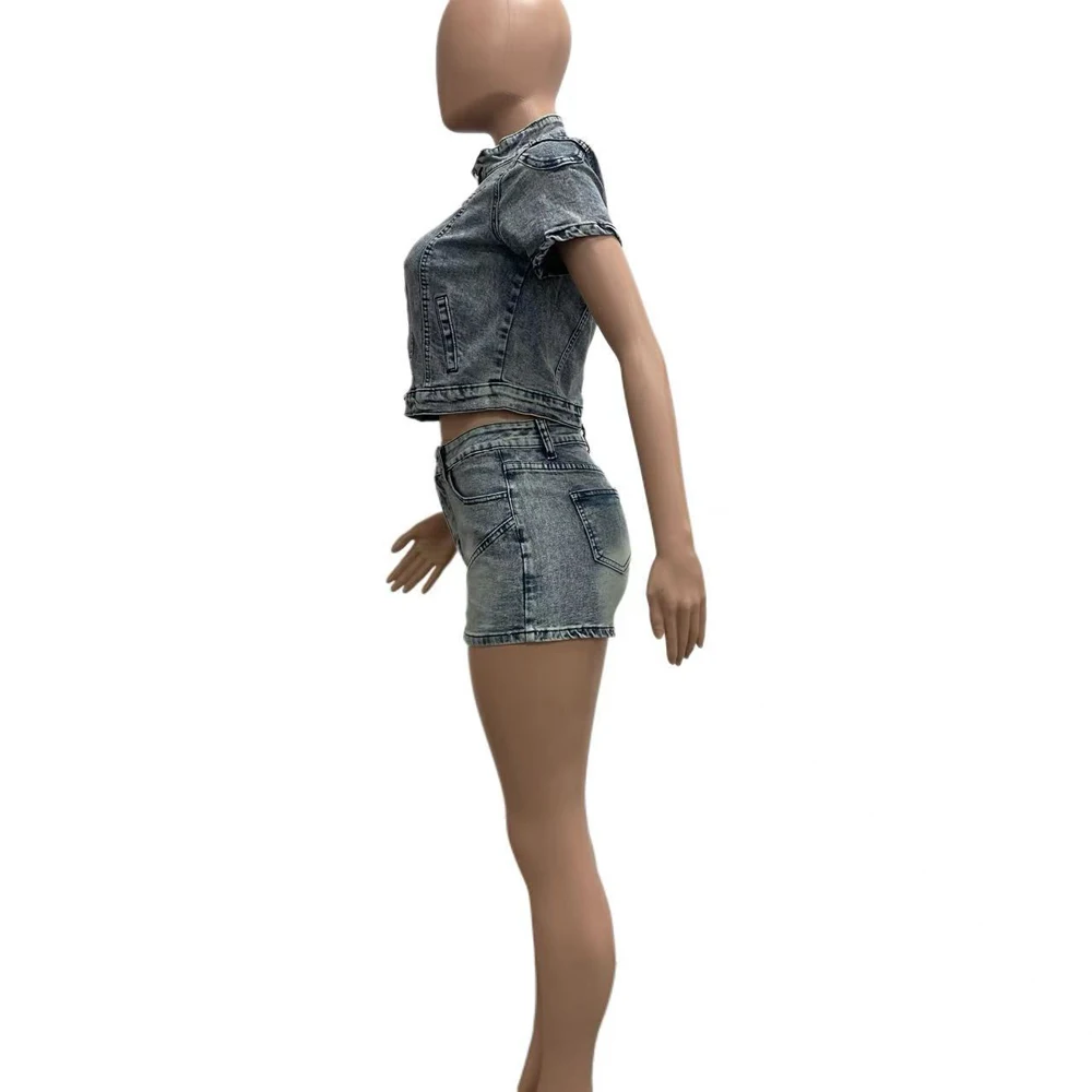 Modische Gewaschene Stretch-Denim-Motorradjacke und Shorts 2-Teiliges Set für Sommer 2026 Damen Lässige Jeans-Outfits Zweiteiler – Detail 5