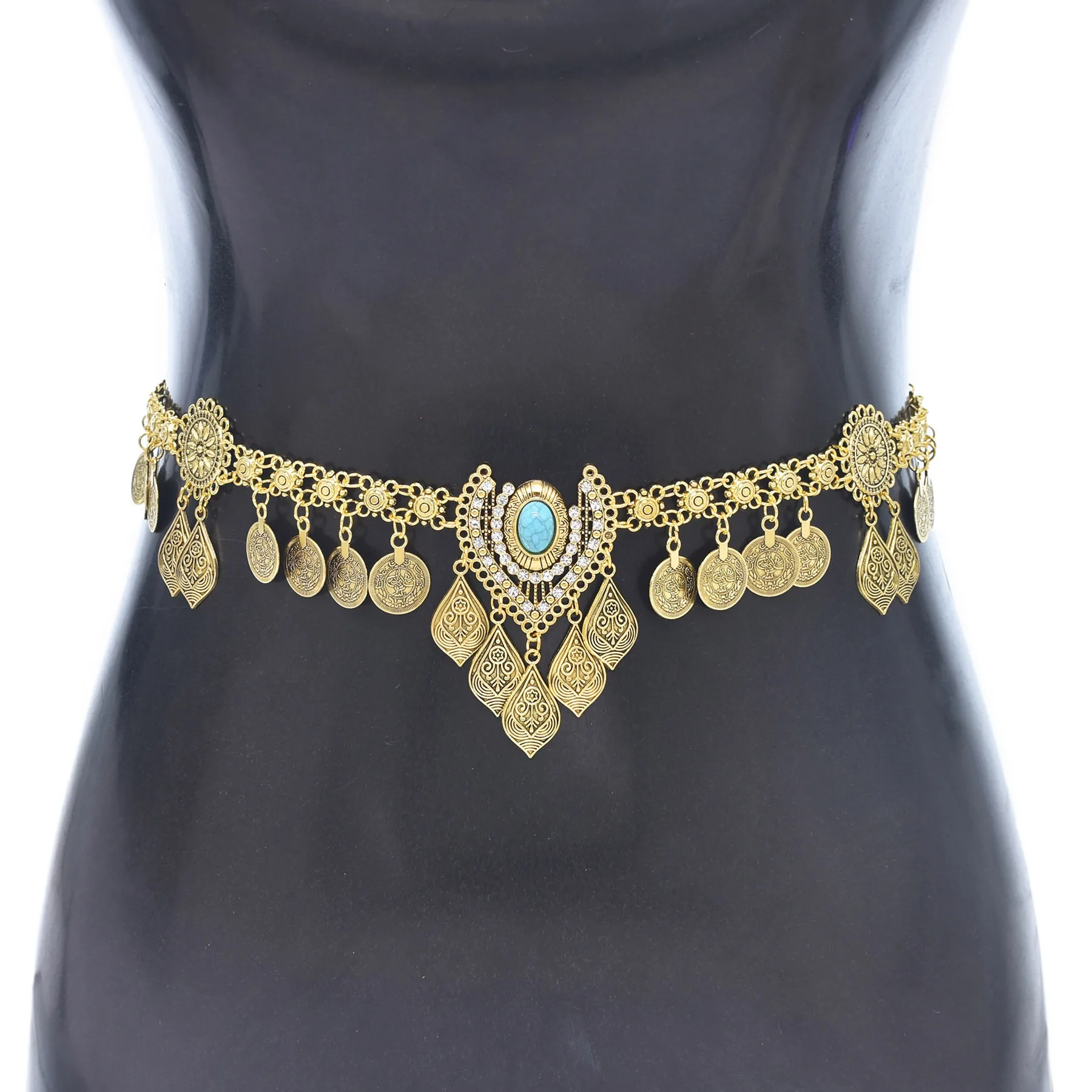 Retro Imitation Turquoise Rhinestone Pendant Waist Chain Coin Tassel Body Jewelry Belly Chains Arab Turkey Kurdish Indian Belts