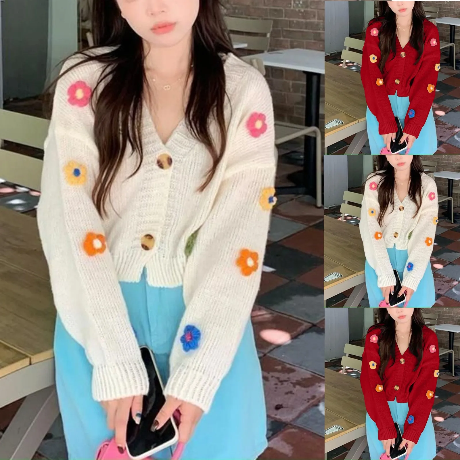 

Colourful Applique Flower Cardigan For Women Cute Long Sleeve V-neck Knit Crop Sweater Soft Girl Soft Knitwear Fairycore