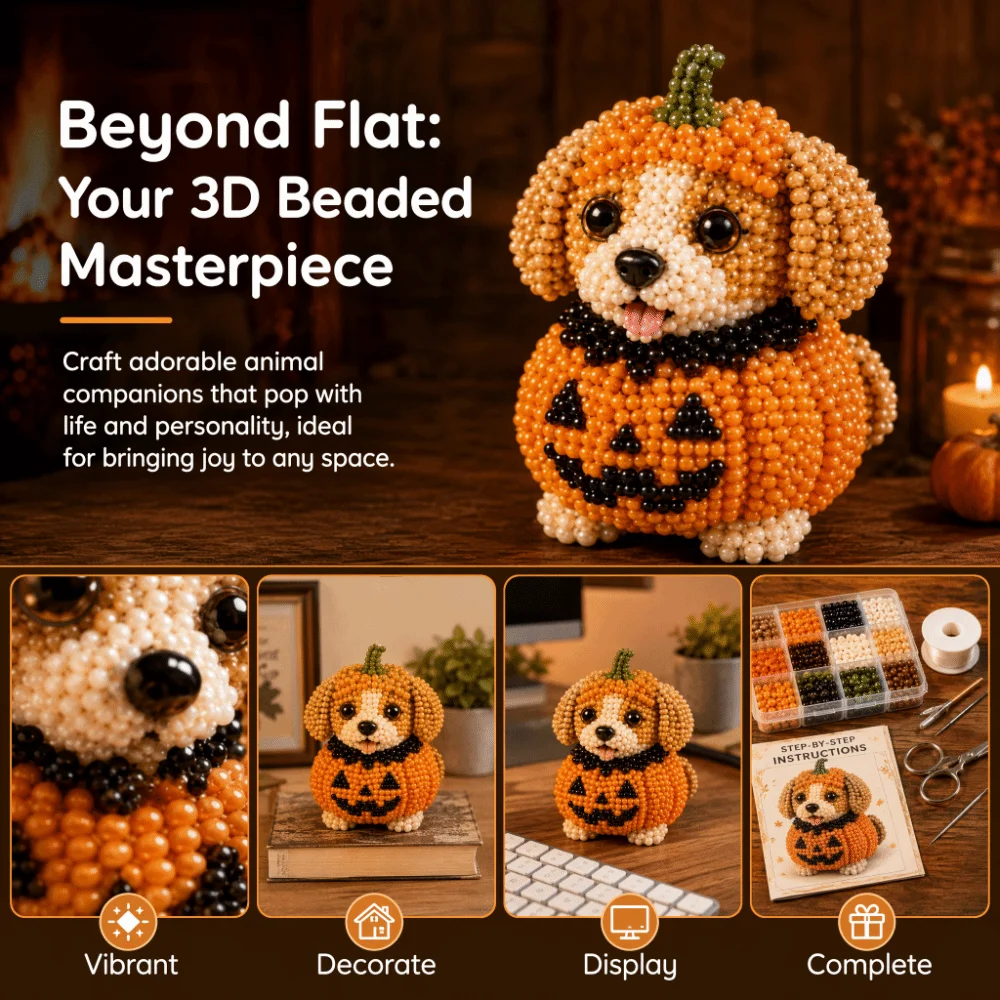 Tiny Beads Halloween Beaded Dog Kit Animal Shape Cute Design 3D Beaded Animal Kit Creative Craft 3D Beaded Ornament Set