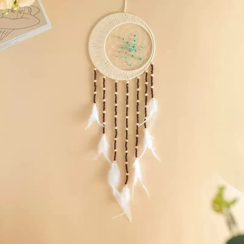 Dream Catcher With Wooden Bead Hanging Ornaments Room Bohemian Wall Hanging Tapestry Circular Woven Decor Christams Decoration