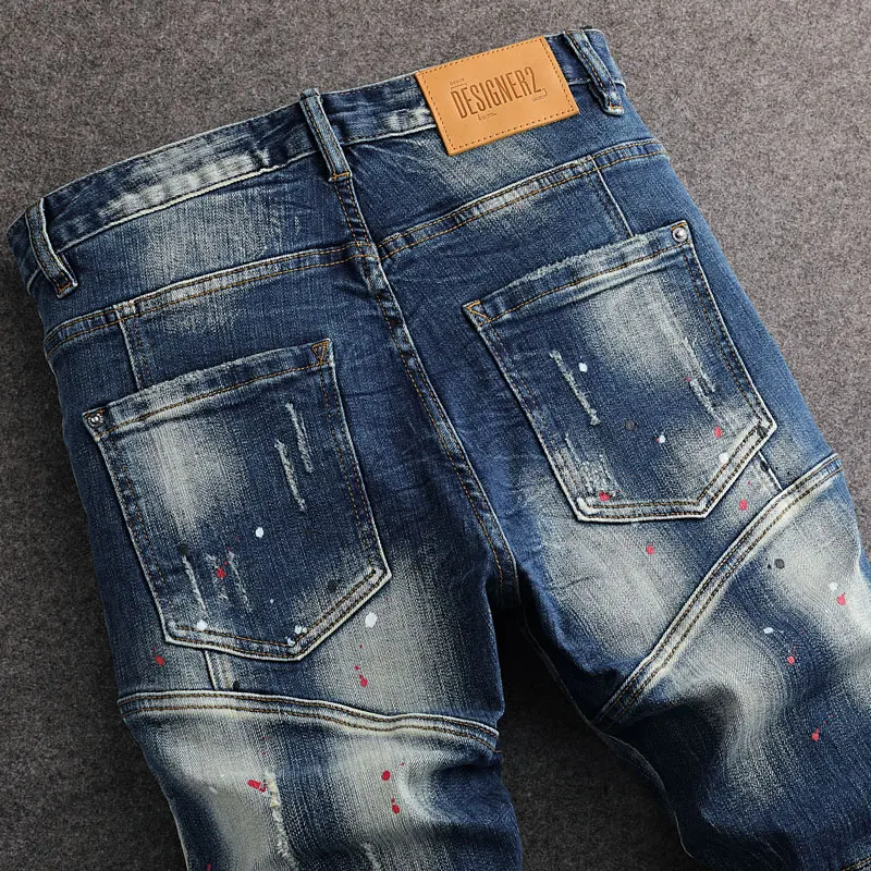 Street Fashion Designer Men Jeans Retro Blue Stretch Slim Fit Spliced Painted Ripped Jeans Men Y2K Hip Hop Vintage Denim Pants