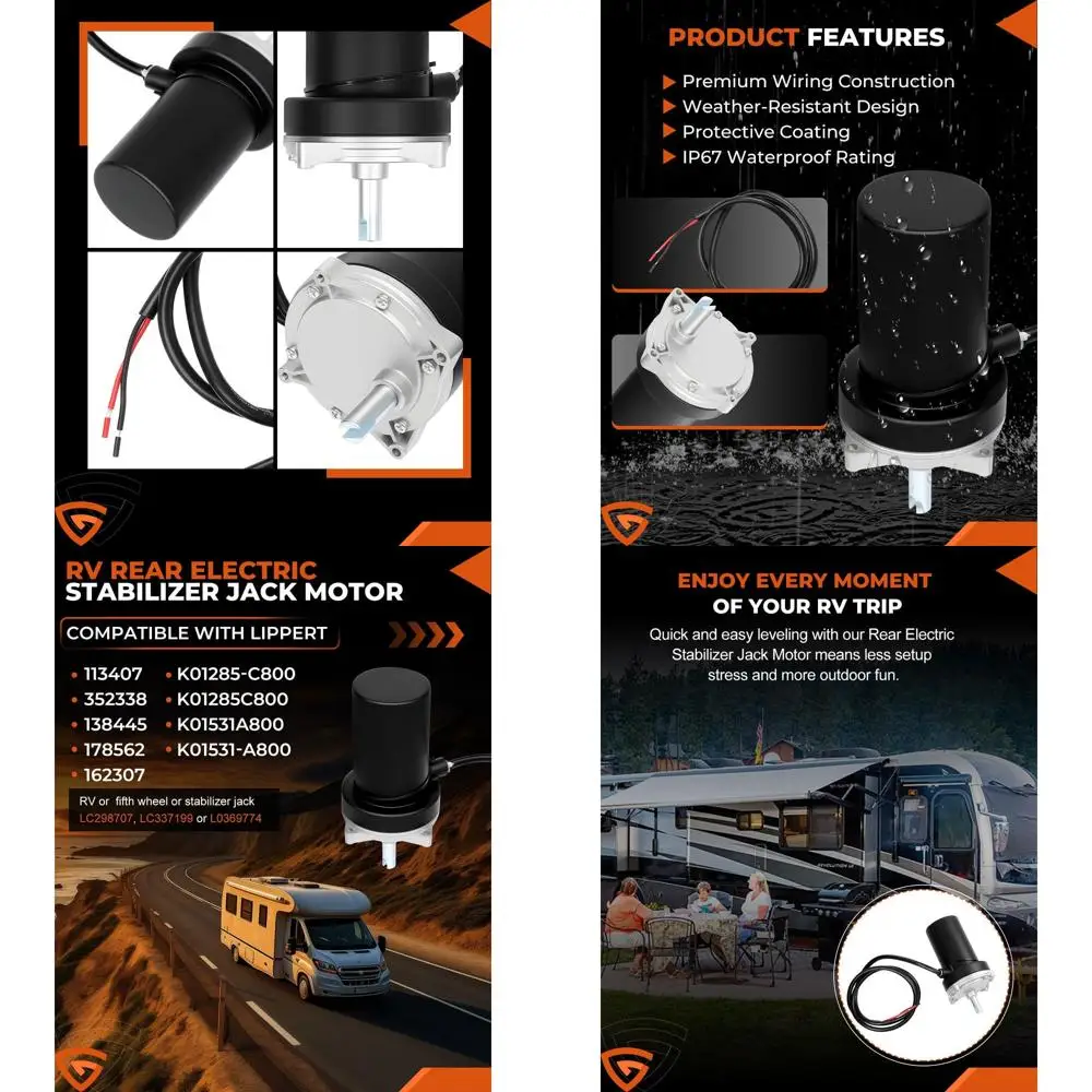 محرك المقبس الكهربائي الخلفي RV متوافق مع Lippert 337199، 113407، 352338، 138445، 369774، 298707، 178562، 162307، Camper Stabi