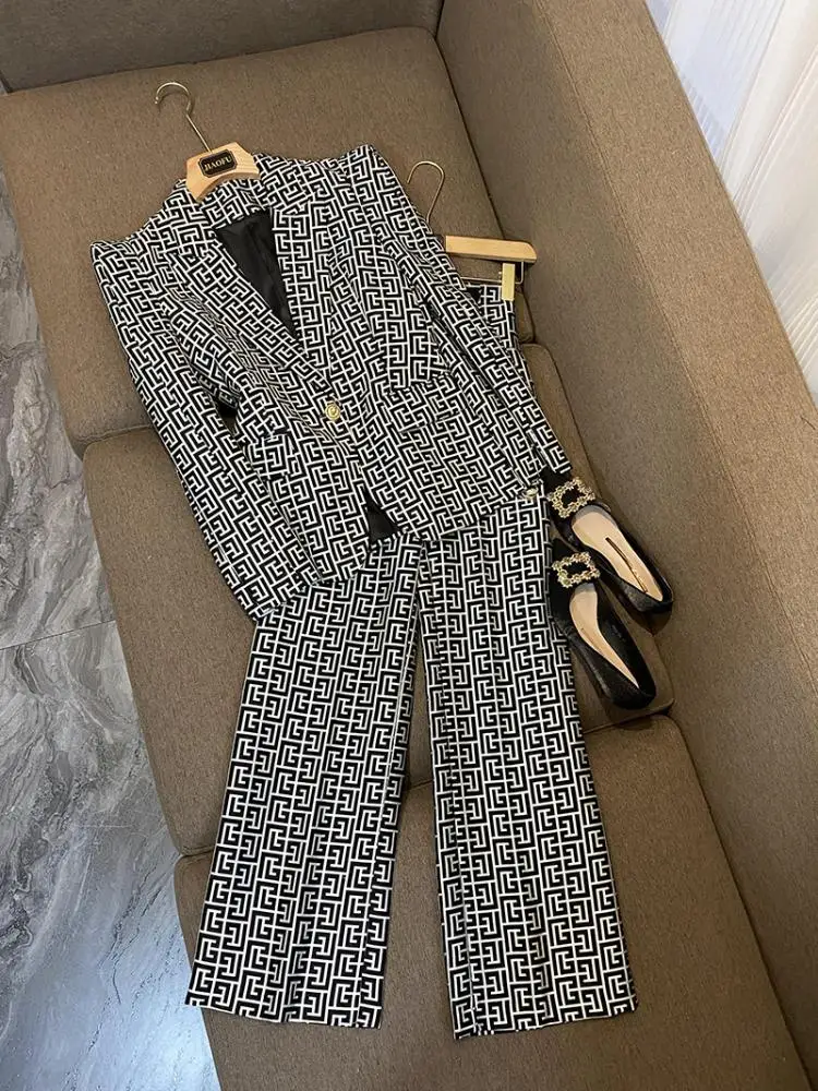 2025 New Celebri Personalized Geometric Pattern Embroidered Suit Pants Formal Trousers A7070 High Waist Long Pants Polyester