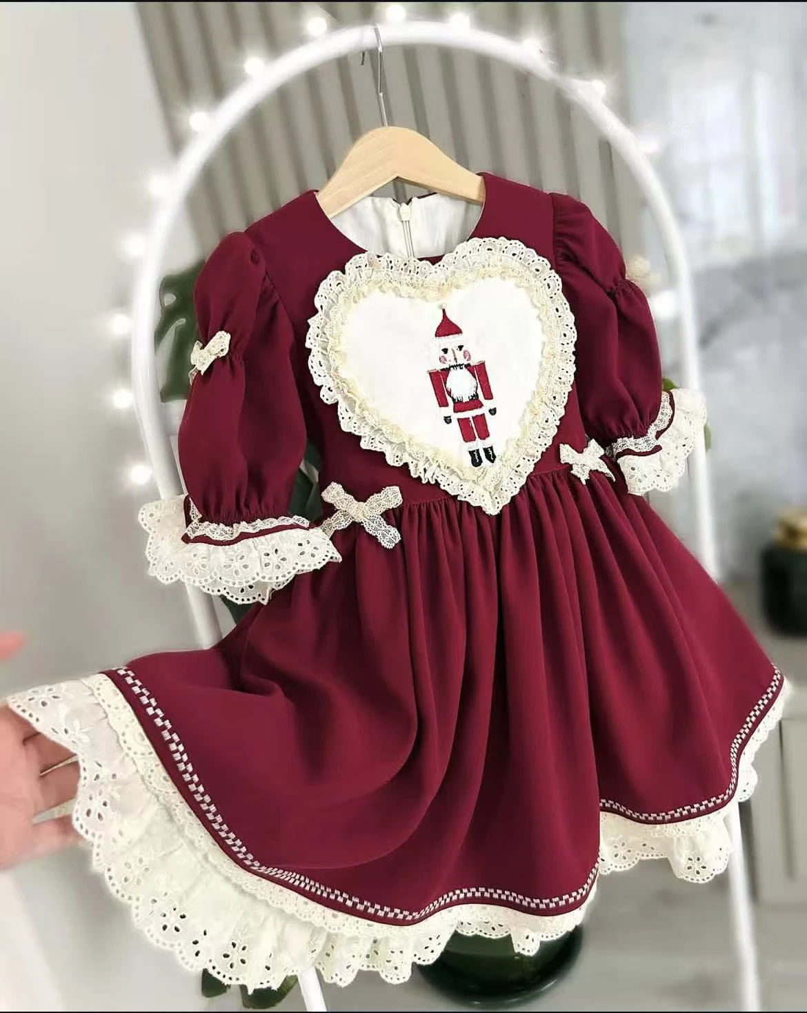 0-12Y Baby Girl Autumn Winter Nutcracker Embroidery Vintage Princess Burgandy Dress for Eid Causal Party Christmas C352