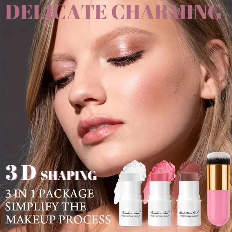 3Pcs Cream Blush Stick+Rose Gold Brush - Watery Glow, Long-Lasting, Natural Tint, Korean-Style Cheek Makeup for Fresh Look
