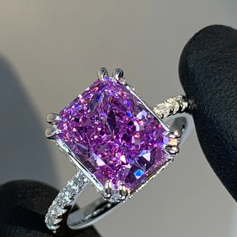 2024 New Exquisite Princess Purple Diamond Rings for Women Luxury 14K White Gold Plated Engagement Bride Resizable Ring Jewelry