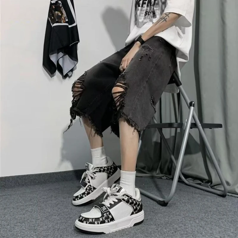 

Men's Ripped Denim Shorts Vintage American High Street Wide Leg Bermuda Shorts Summer Loose Fit Casual Five Points Pants