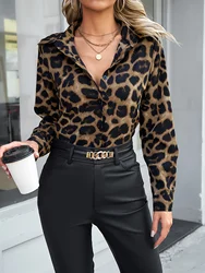 Spring and autumn women's casual long sleeve shirts, leopard print collar button down shirts