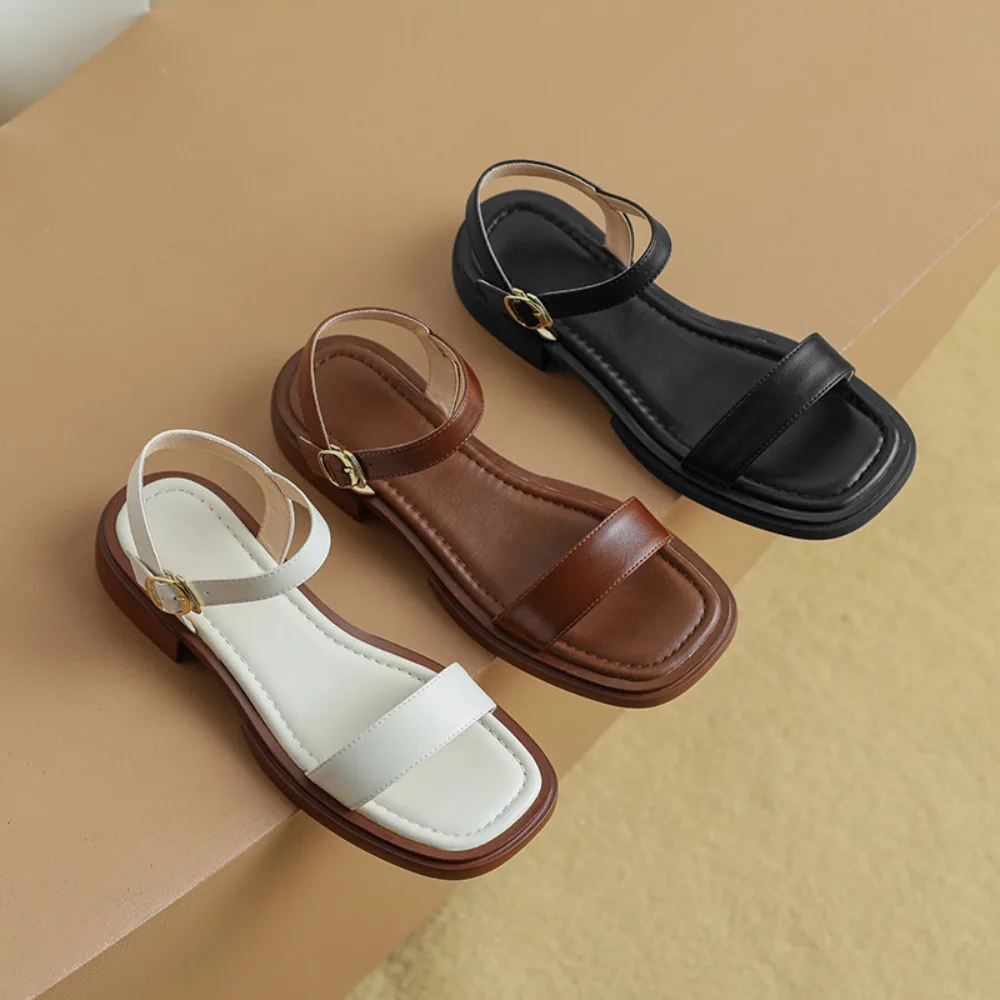 Sommer Frauen Sandalen Low Heels Grundlegende Echtes Leder Büro Damen Casual Outdoor Schuhe luxus sandale Concise zapatos de mujer