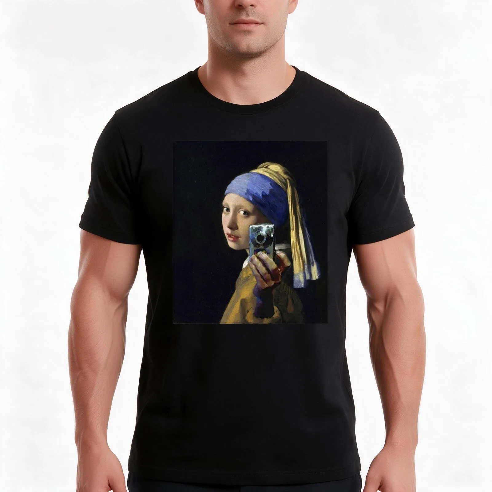 Girl with a Pearl Earring taking a Selfie - Funny T-Shirt Summer Casual Cotton Tee Oversized Streetwear Tops Unisex Men Women
