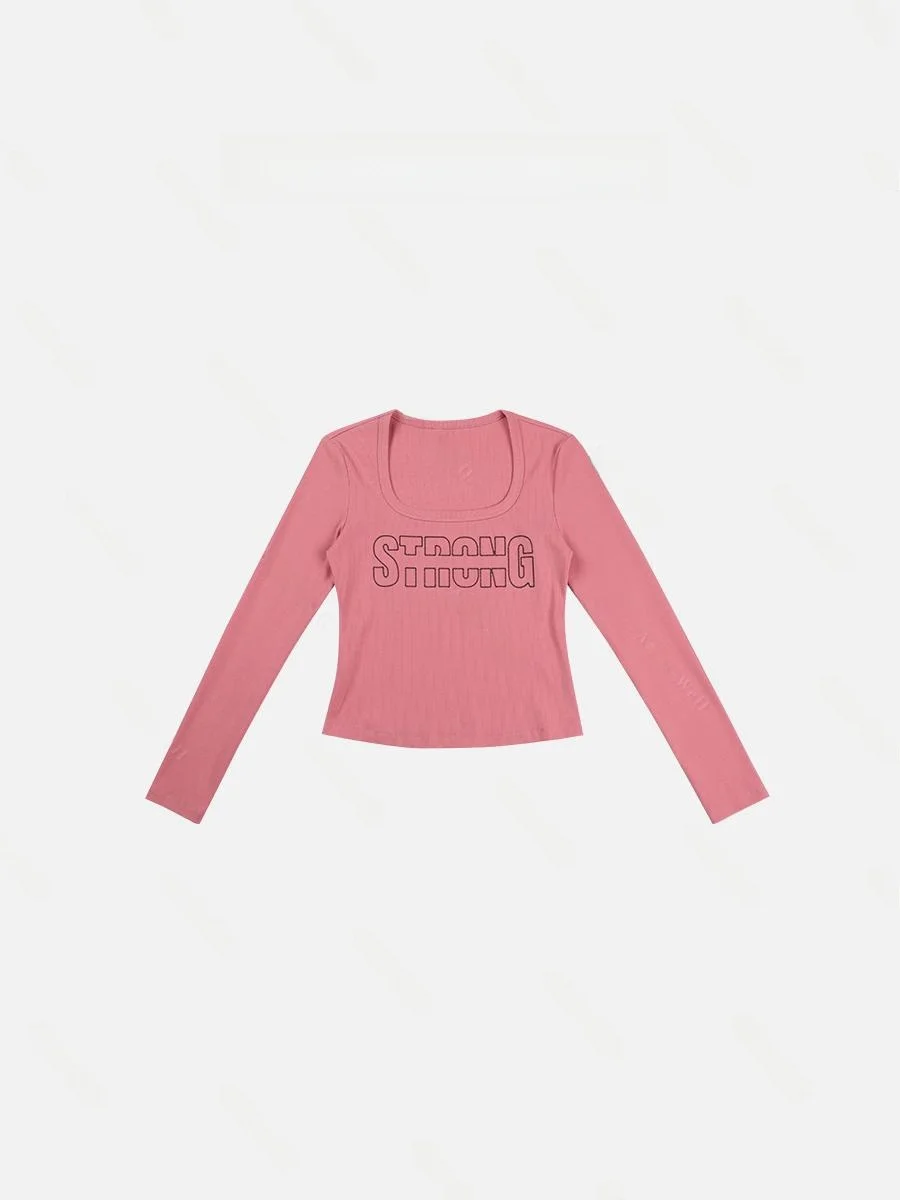 

Pink Square Collar Versatile Long Sve Base Layer T-irt ort Sle Letter Pr Crt Casual Loose Fit Breathable Cotton...