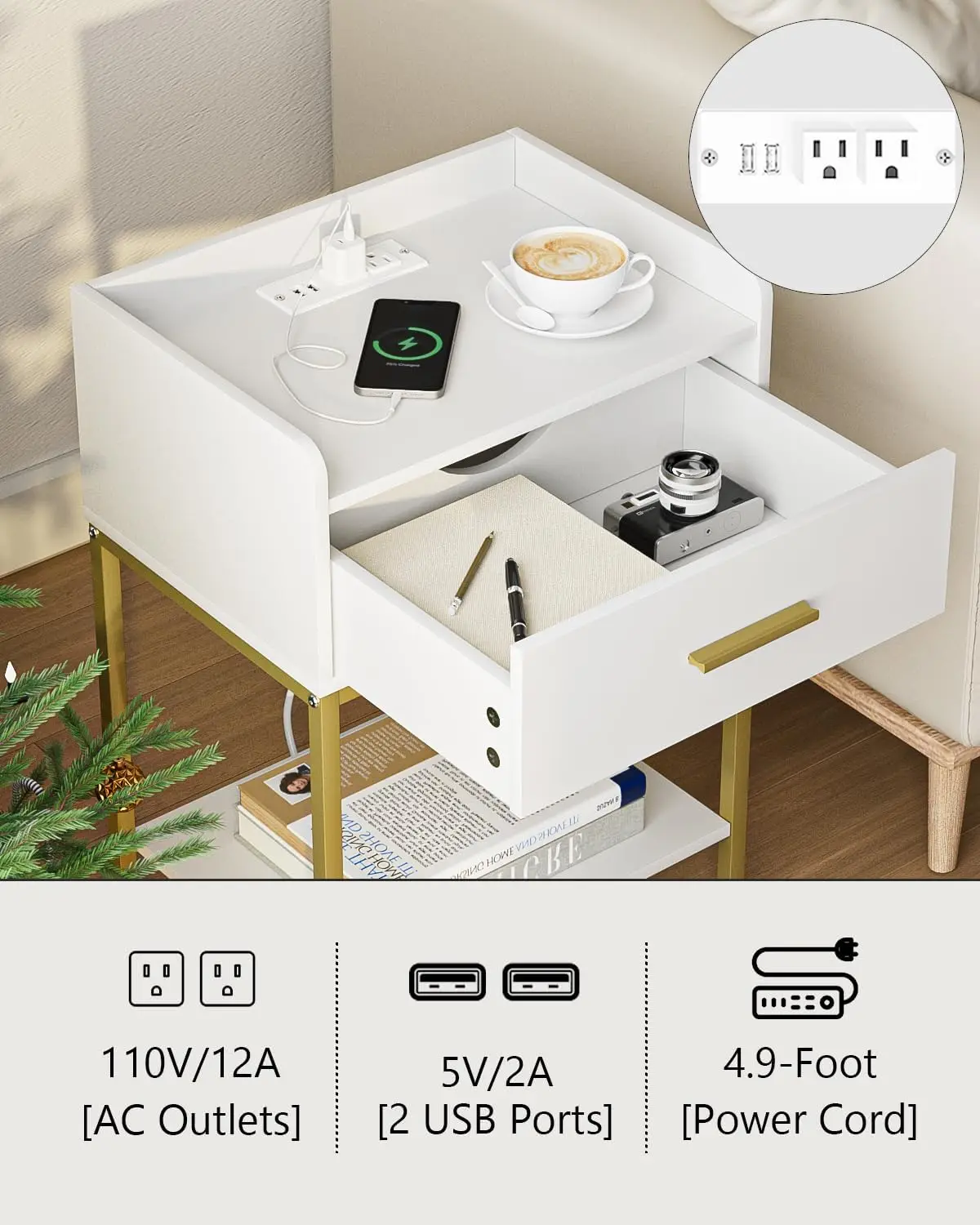 

Nightstand With Charging Station,Bedside Table With Drawer And 2 Shelf Storage, Small Side Table, Modern White Night Stand,
