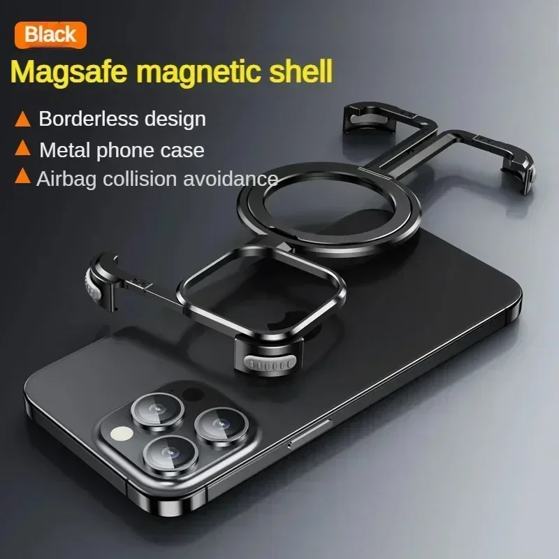 Magsafe Magnetic Metal Rimless Stand Phone Cases For Apple iPhone 15 14 13 Pro Max Case Aluminum Alloy Shockproof 15Promax Cover