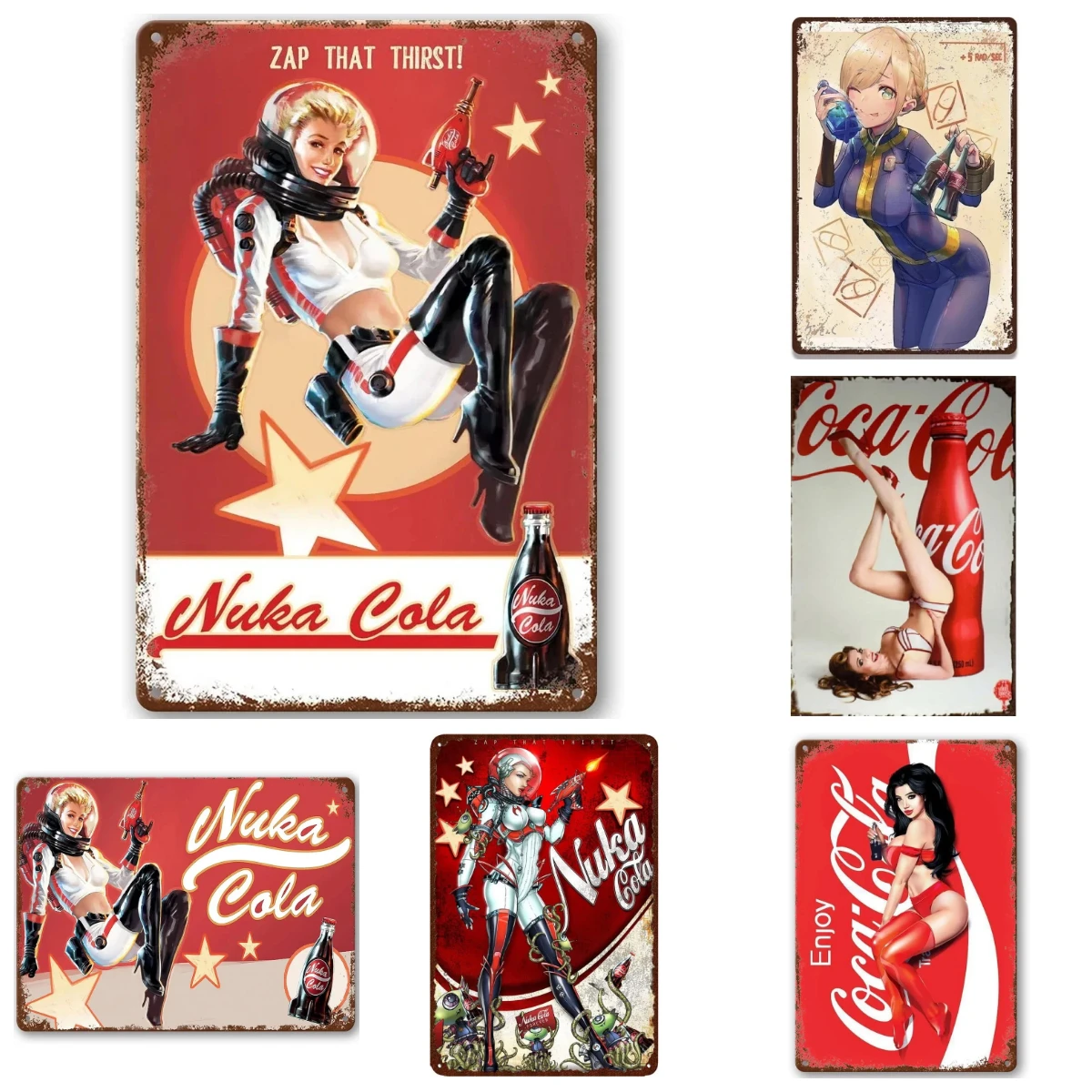 Various Retro Post-Apocalyptic Anime Style Metal Sign, Vault Suit Girl with Soda, Distressed Wall Decor for Game Room Man Cave