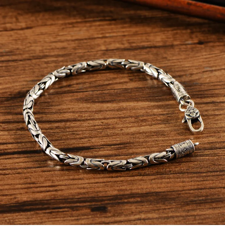 S925 Sterling Silver Bracelet Male trendsetter Fashion Retro Dragon Bone Peace Pattern Woven Chain Simple Single Personality Bra