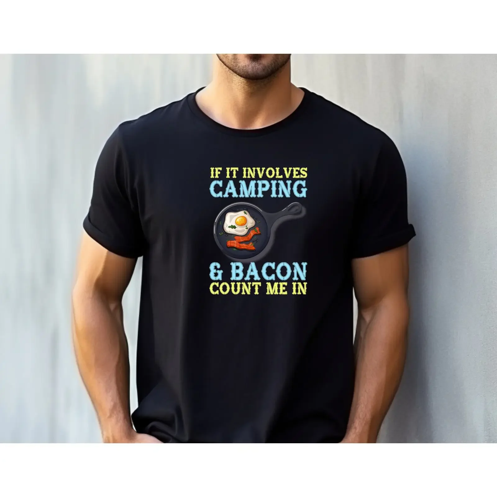If It Involves Camping Bacon Count Me In Funny T Shirt Men's Lover Outdoors Casual  vintage Washed Stretched fashion