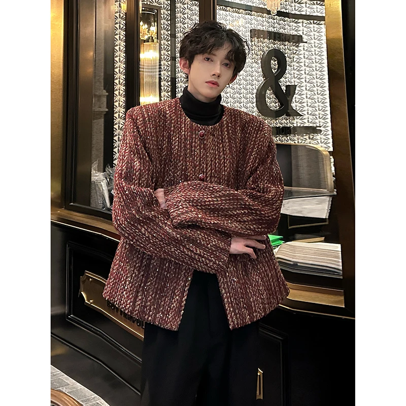 Round Collar Tweed Blazers Cardigan Men\'s Autumn Collarless Short Jacket Korean Style Chic Fashion Elgance Coat Handsome Jackets