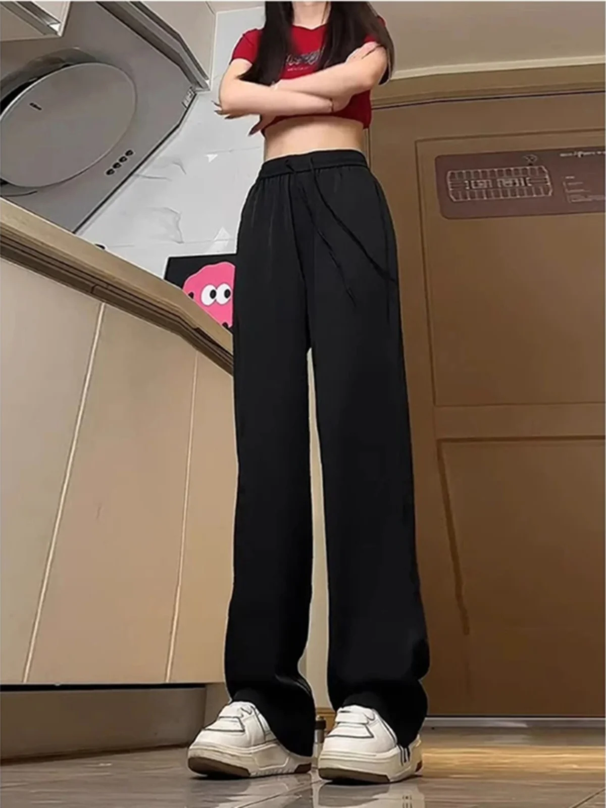 

Bla American Sle Ice Silk High Waist Men's Summer Thin Leg Lengthening Flared Pants Casual Straight Leg Trousers