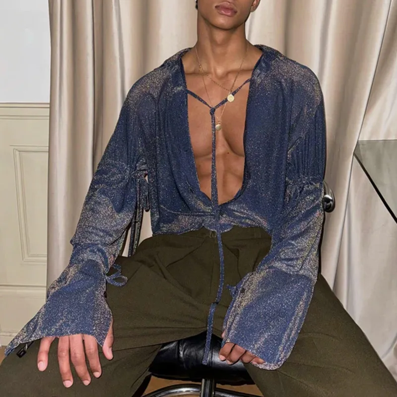 Autumn And Winter New Fashion Eye-catching Loose And Light Straps Men's Top Sexy Long-sleeved Shirt Men's Clothing
