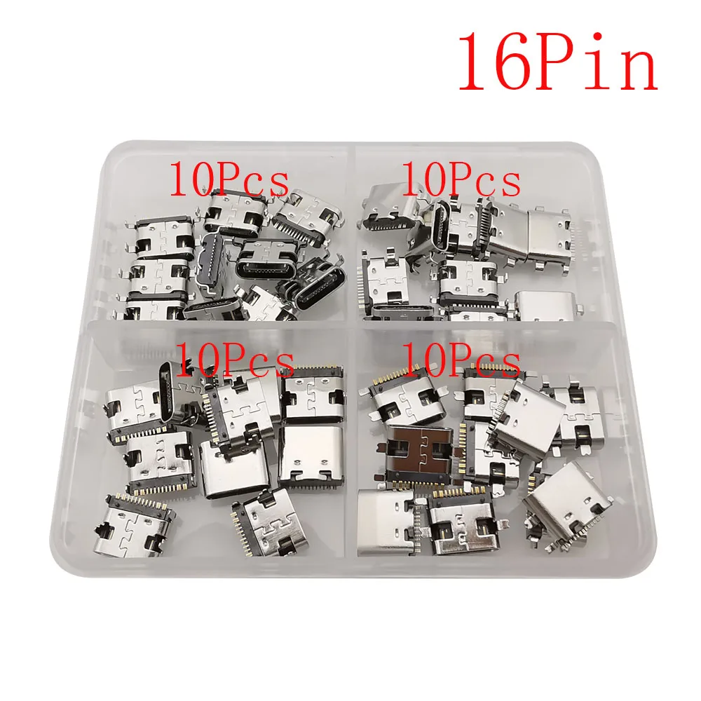 40Pcs USB Type-C 6Pin 16Pin Female Jack Connector Placement SMD DIP Type C Jack Socket for Phone and Digital Product Repair Kit
