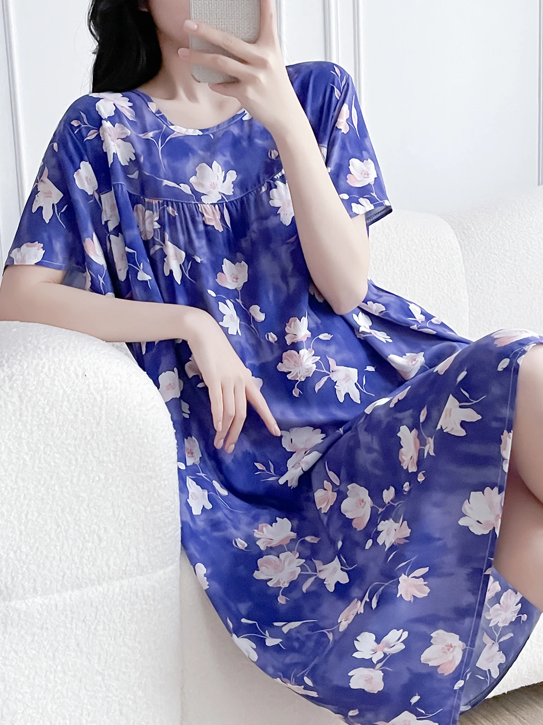 Women's Cotton Silk Sleep Dress Thin Short Sleeve Long Summer Breathable Sweat Absorbent Outerwear Casual Home Leisure Print - view 3