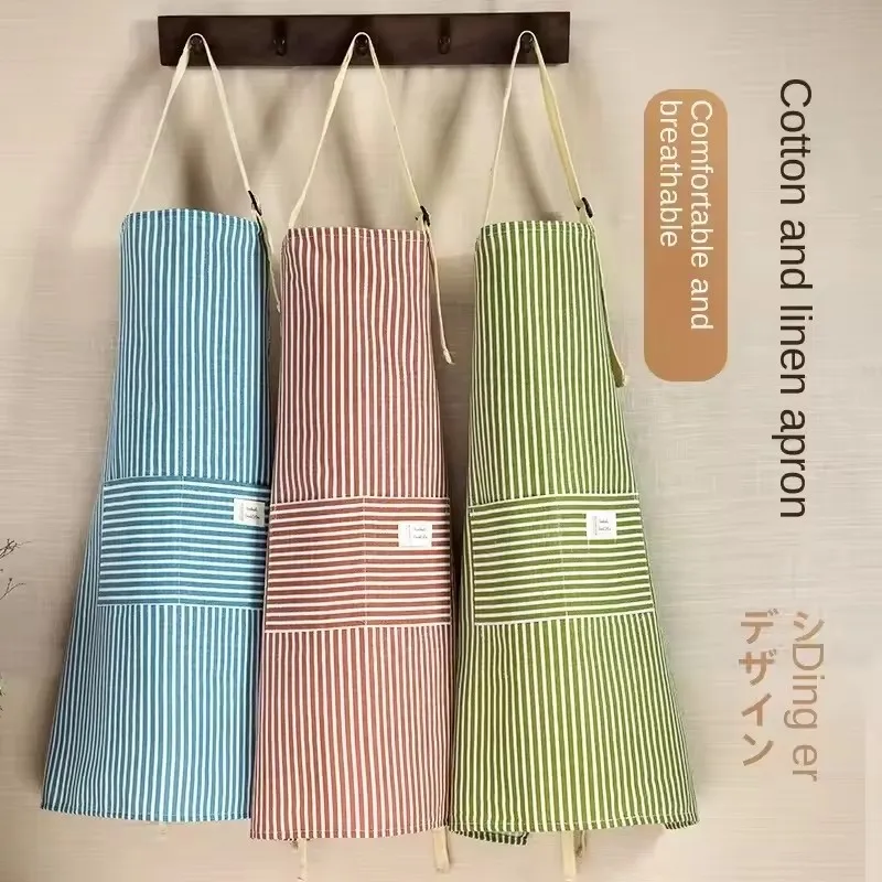 

Hemp Apron Striped Cotton Household Japanese Aprons For Cleaning Cooking Baking With Large Pocket Cute Women's Apron Overalls