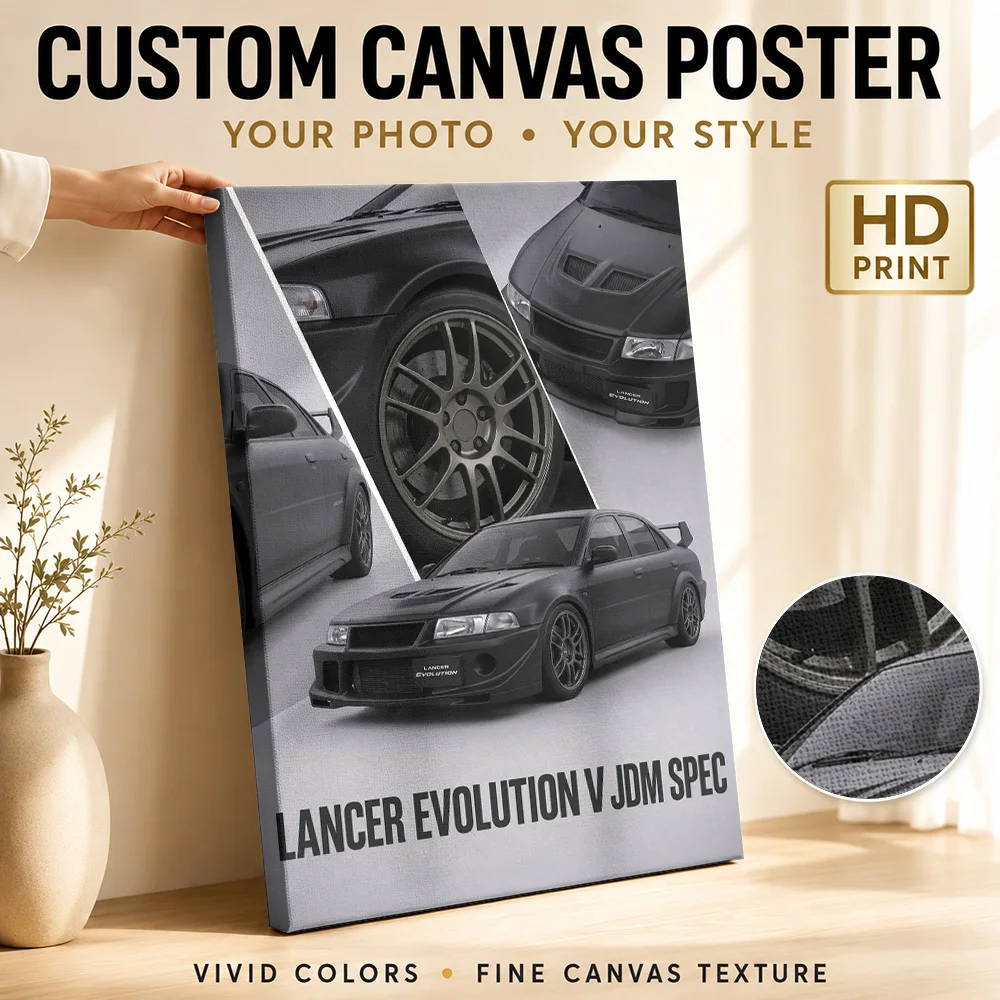 Black Japanese Lancer Evolution V Car Framed Canvas Poster Personalized Photo Modern Gallery Style Canvas Wall Art Garage Decor