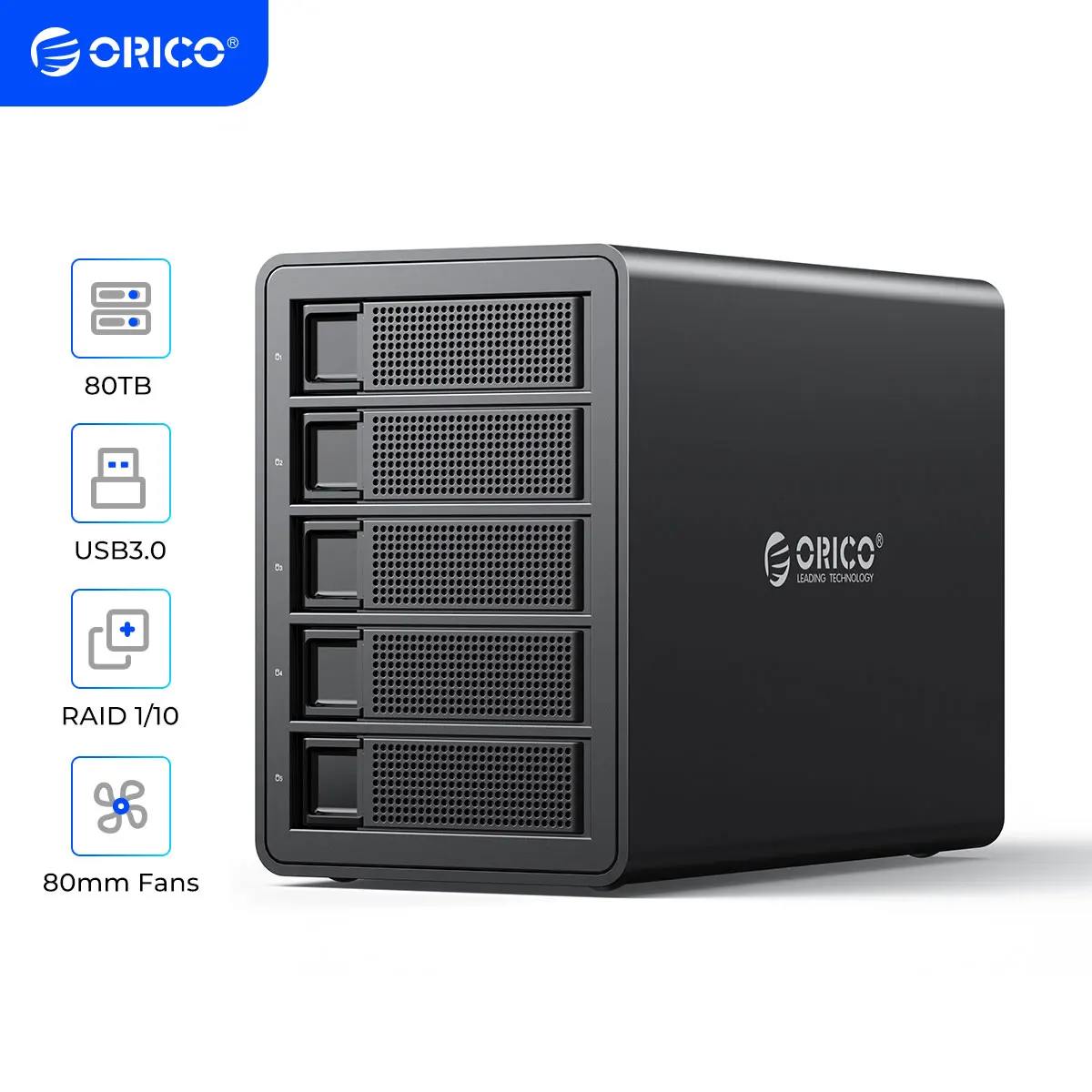 ORICO-Boîtier de disque dur externe à 5 baies, USB 3.5, boîtier HDD, station d\'accueil de données, ventilateur en aluminium, adaptateur