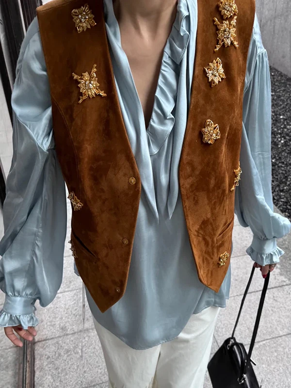 

Ele Old Money Sle с блестками и бриллиантами, замшевый жилет для похудения с V-образным вырезом на талии, осенний роскошный легкий вес