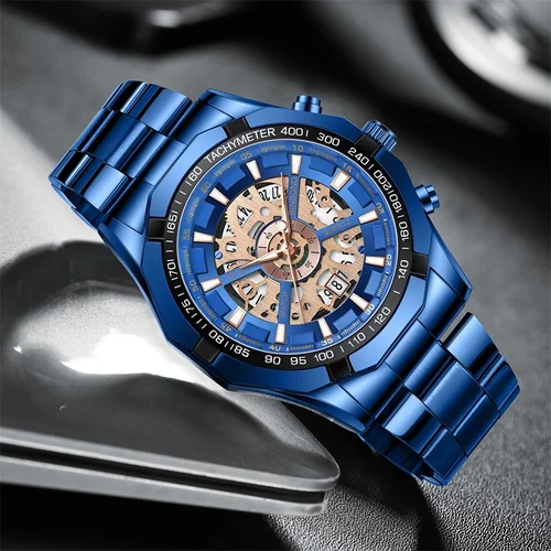 Imagen 2 del producto 2025 relojes de cuarzo para hombre de primeras marcas de lujo de acero inoxidable resistente al agua ahueca hacia fuera los relojes de pulsera masculinos grandes azules reloj Masculino