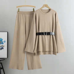 New In Spring Women's Knit Pullovers Suit Two Piece Set Fashion Solid Sweater Wide Leg Pants 2 Piece Sets Womens Outfits