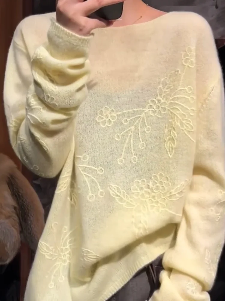 

Корейский мягкий вязаный свитер с цветочным узором, модный облегающий топ больших размеров для осеннего сезона, теплый длинный свитер-кардиган