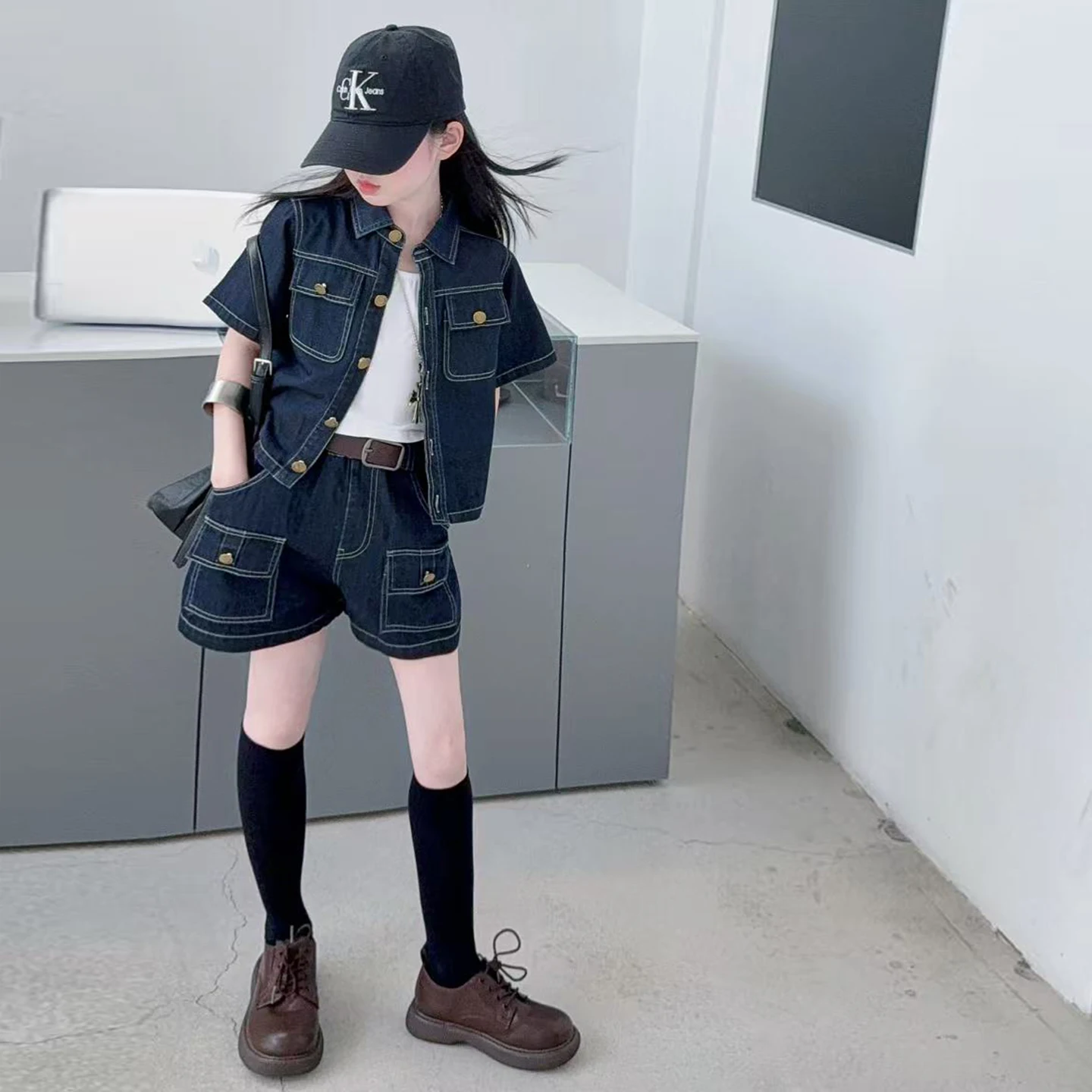 girls-summer-fashionable-denim-two-piece-set-cool-trendy-children's-clothing-breathable-lightweight-school-gift-ideal-for-kids