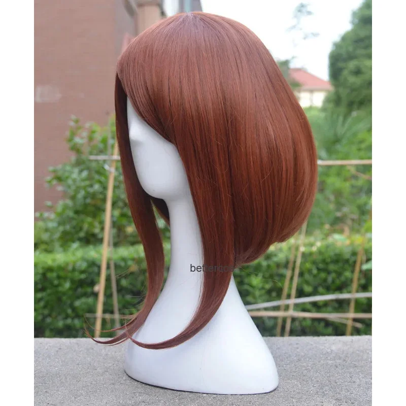 Pelucas de Cosplay de My Hero Academia Boku no Hiro Akademia Uraraka Ochako, pelo sintético corto marrón Bob resistente al calor + gorro de peluca