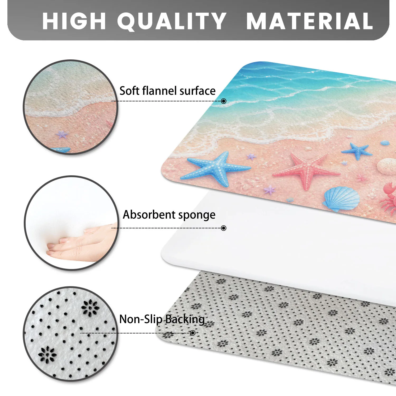 Pink Sand Beach Crab Starfish Laundry Runner Mat Anti Slip Blue Wave Shell Flower Cute Ocean Print Carpet for Kitchen Hall