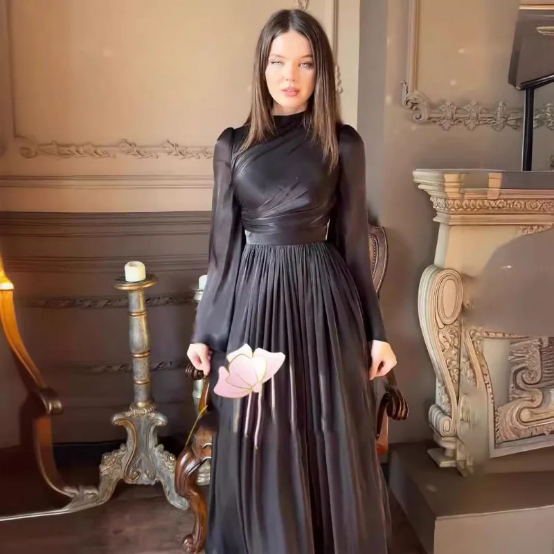 

Half-high Collar Dress for Women, New Long Sleeve Tea Break French Style Waist-cinching Long Dress