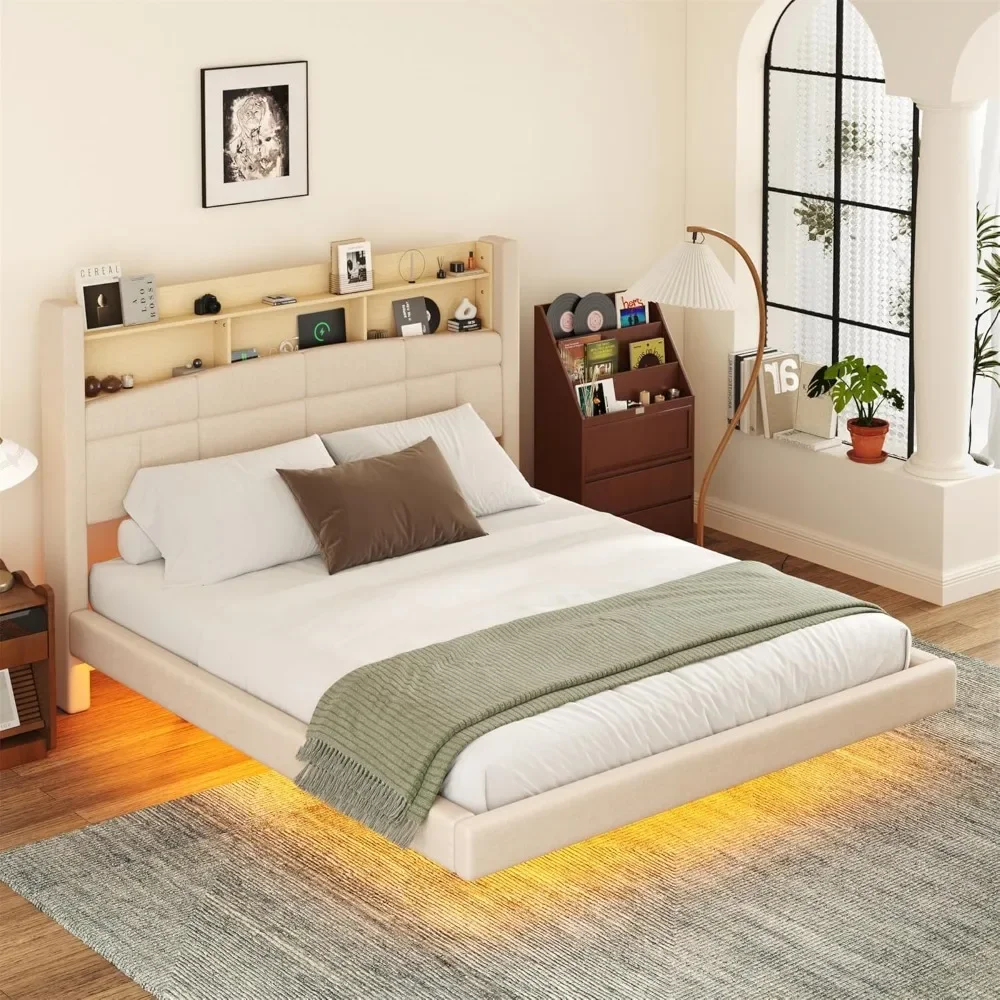 Queen Bed Frame with LED & Storage Headboard，Linen Upholstered，No Box Spring Needed Easy To Assemble No Noise，Floating Bed Frame