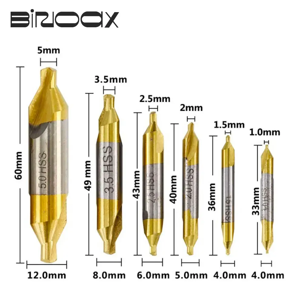 Binoax Center Drill Bit Set 6pcs HSS TiN Coated Automatic Hole Drill Hole Cutter 1.0-5.0mm 60 Degrees Woodworking Tools