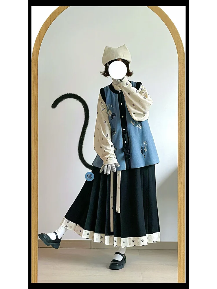 

Original Chunchi Design Ming Dynas Sle Women's Hanfu round Ne Embroidered Fce Lined Ma Face Skirt Daily Winter Wear