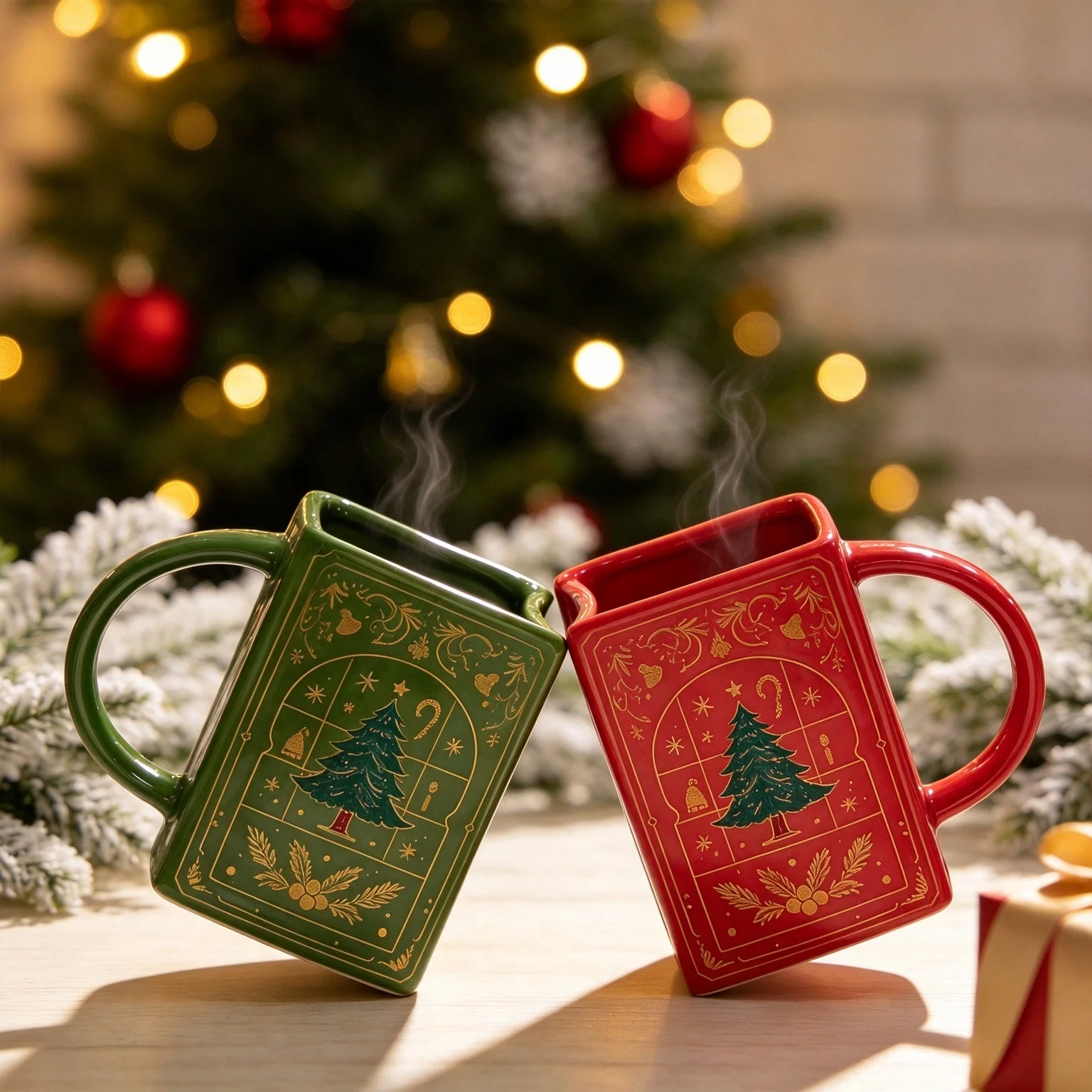 Christmas Book Ceramic Mug, Square Book-shaped Coffee Cup with Xmas Tree Print, Festive Home Drinkware