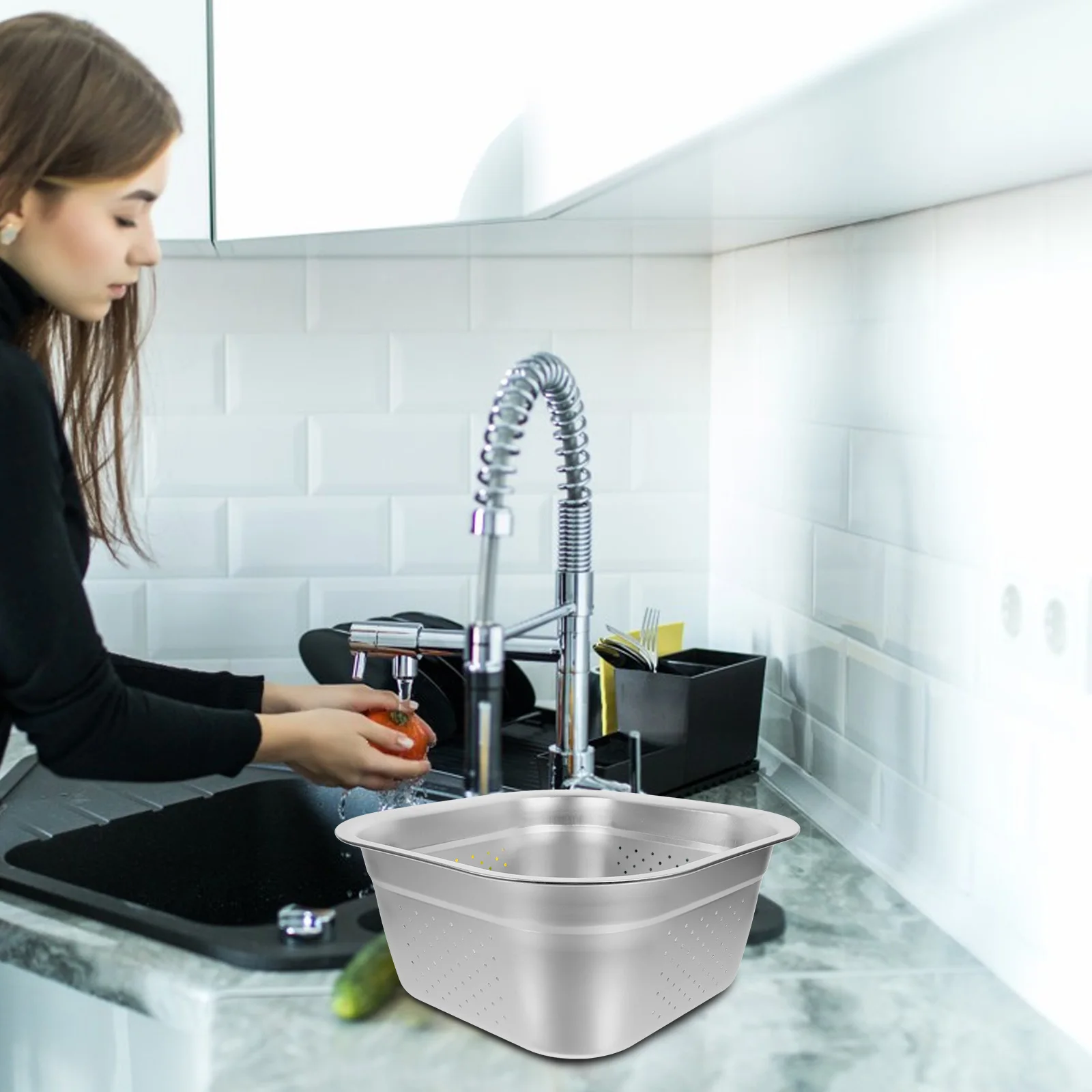 

Thick Stainless Steel Washing Basin Vegetable Fruit Colander Draining Kitchen Household Square Steel Bowl Large Capacity