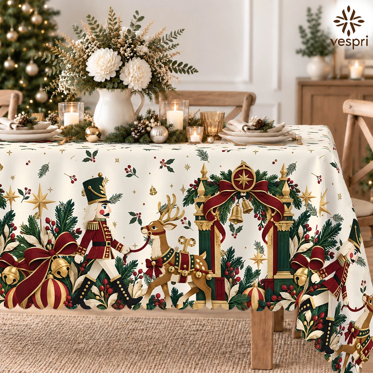 Folk Christmas Tablecloth with Nutcrackers & Ballerinas for Indoor/Outdoor Camping decor, Rectangular/Round/Oval