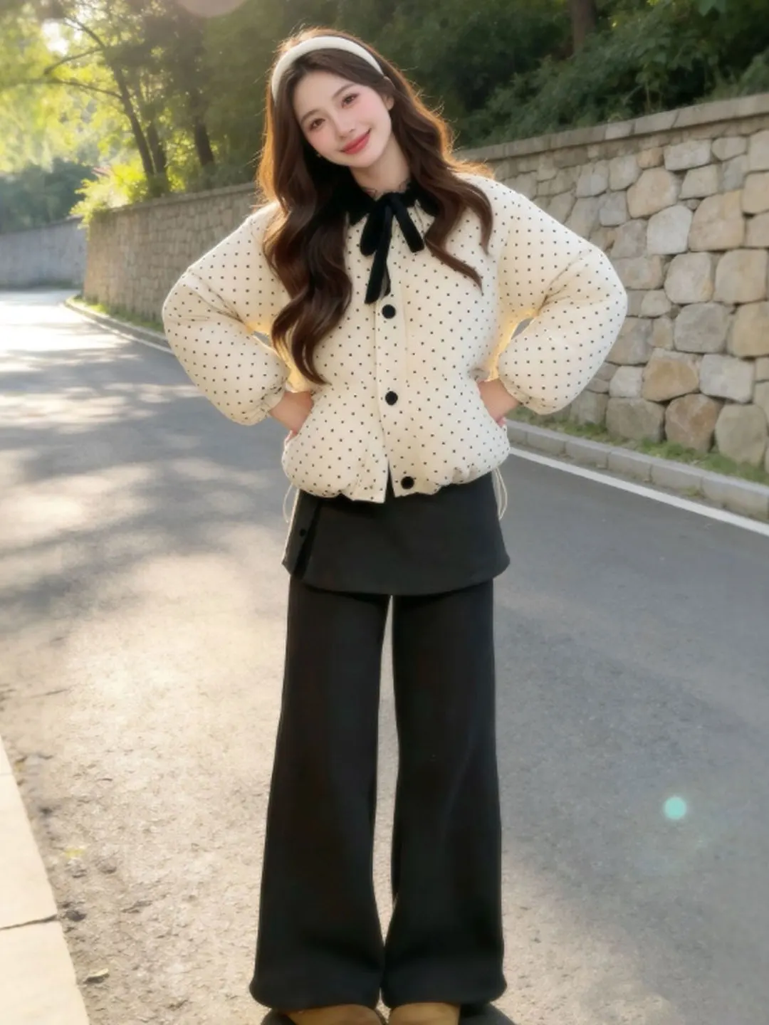 

Chic Polka Dot ort Cotton Jaet Korean Sle Loose Fit Spring Faionable Coat Knot Long Sve round Ne Butto...