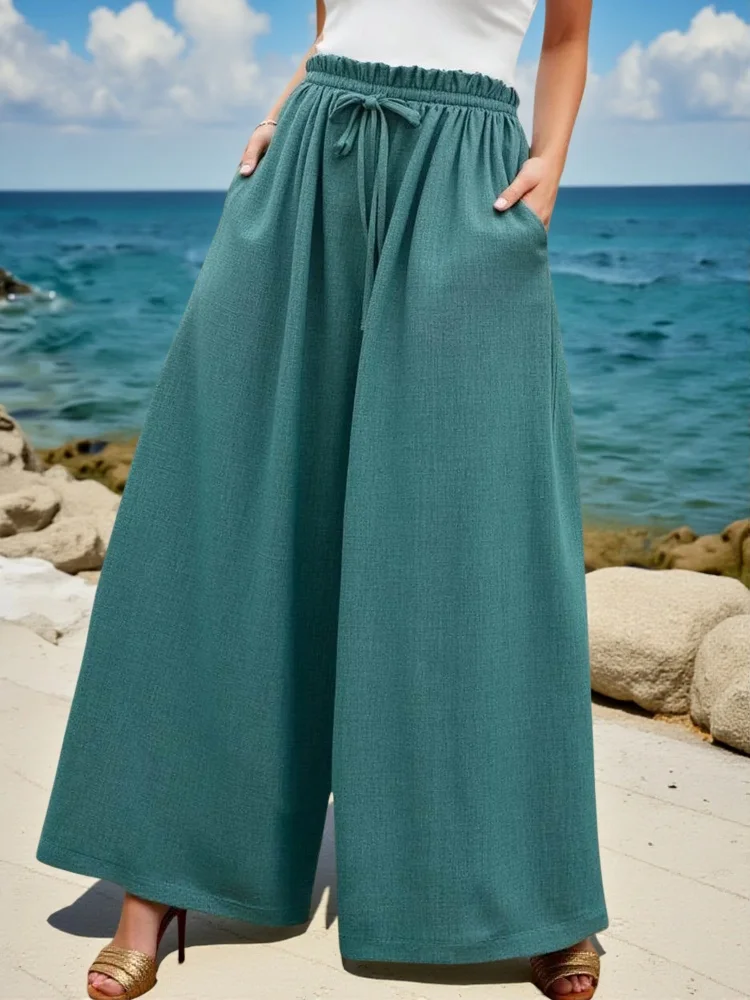 Elastic Ruffle Waist Wide Leg Pants Drawstring Front Side Pockets Solid Loose Trousers For Women Daily Travel Casual Vacation Stylish Garment