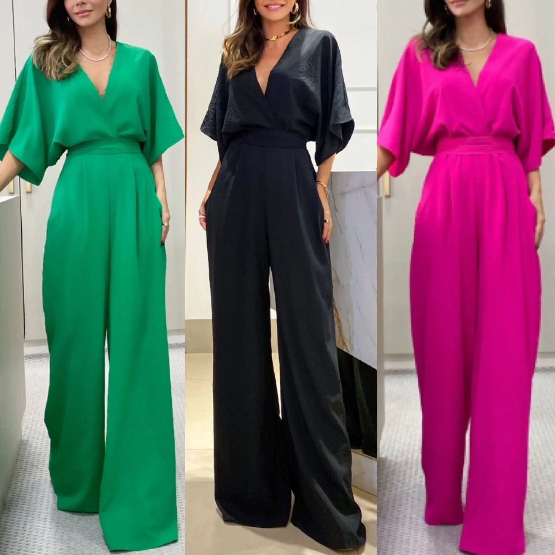 

Jumpsuits Women Rompers Wide Leg Pants V Neck One Piece Spliced Full Length Short Sleeve Solid Sashes High Street Loose