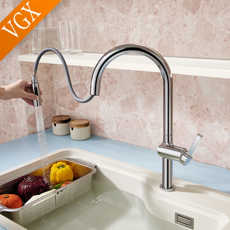 

VGX Luxury Brushed Kitchen Faucet Deck Mounted Tap Pull Out Kitchen Sink Mixer Single Handle Kitchen Gourmet Faucet Water Crane