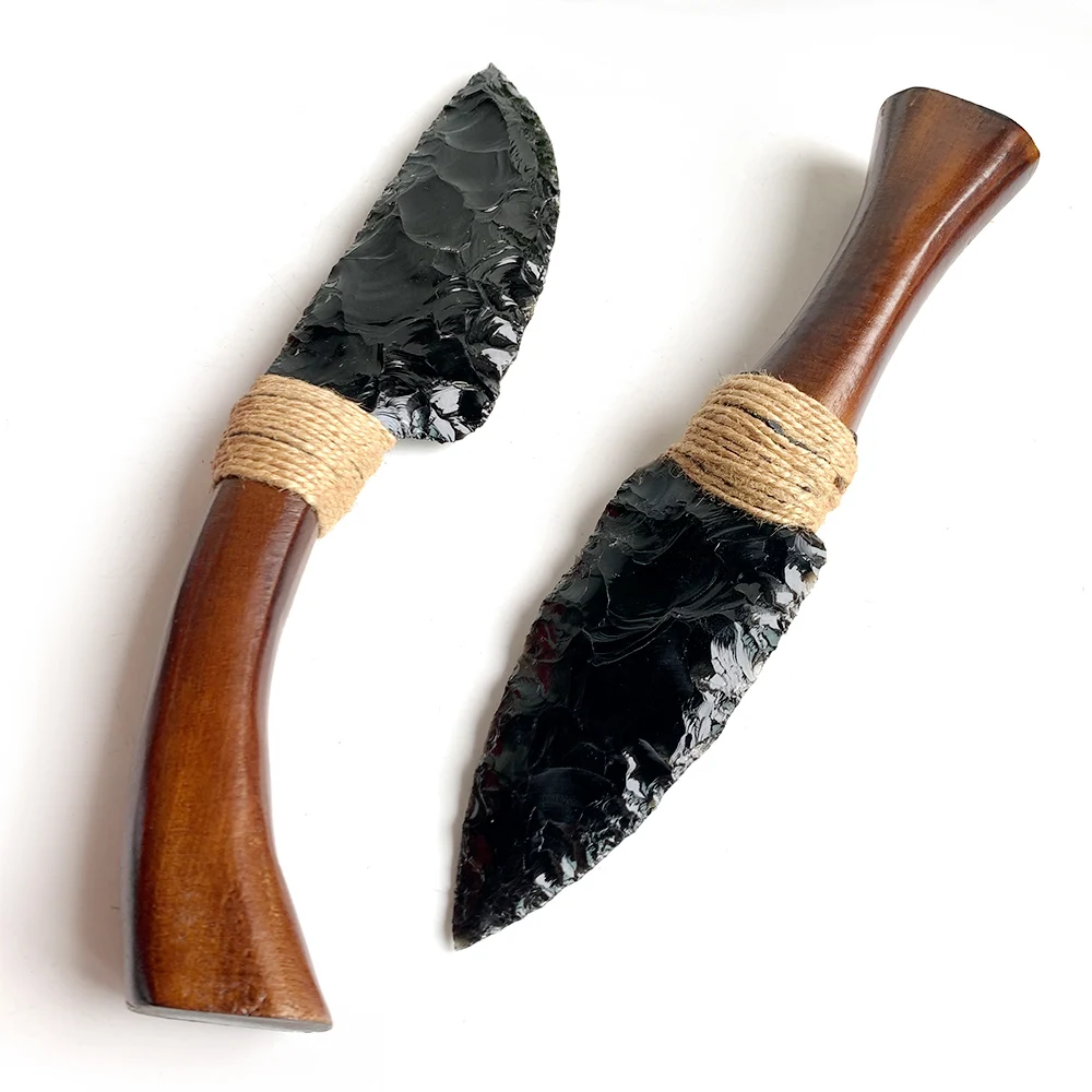 

1pc Handcrafted Natural Obsidian Crystal Dagger with Wooden Handle - Raw Uncut Stone, Unique Home Decor, Versatile Indoor/Outdoo