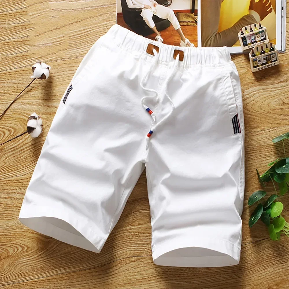 White Shorts Men Summer Cotton Knee Length Shorts Bermudas Korean Fashion