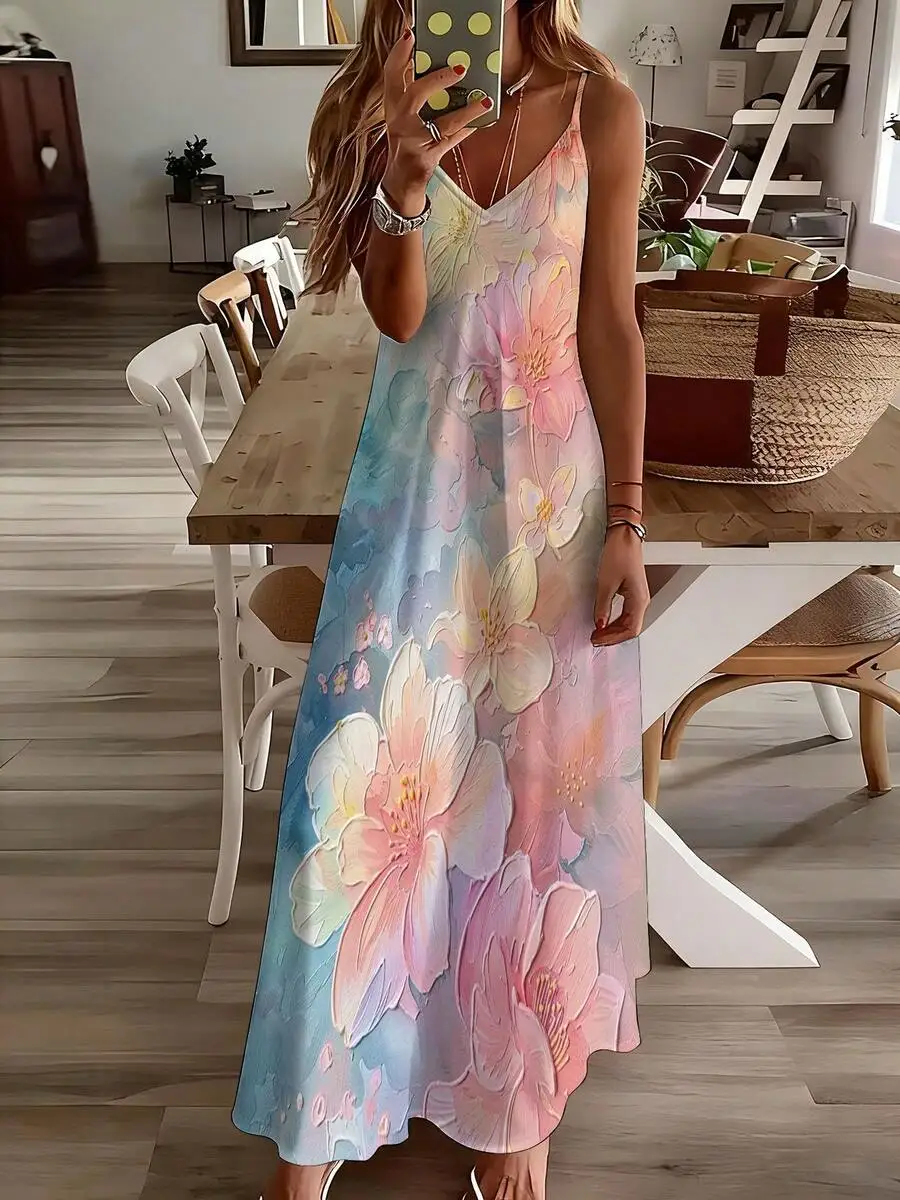 

V-Neck Floral Print Maxi Dress With Spaghetti Straps For Casual Vacation Wear